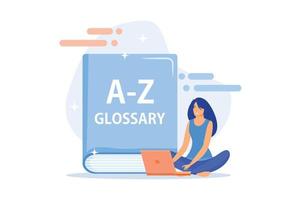 English language studying. Internet glossary, modern vocabulary, dictionary idea. Translator with laptop. Woman searching definition online.flat vector modern illustration