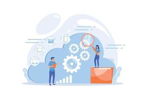 Two developers looking at the gears on the cloud. Digital data storage, database securiry, data protection, cloud technology concept. flat vector modern illustration