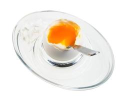 above view of egg with spoon in glass egg cup photo