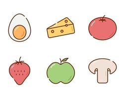 conjunto de iconos de alimentos saludables. lindos íconos coloridos huevo, queso, tomate, fresa, manzana, champiñón. ilustración vectorial aislado sobre fondo blanco vector