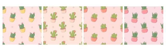 Collection of seamless pattern with cartoon cactuses and potted plants. Cute print for phone case, backgrounds, fashion, wrapping paper and textile. Vector Illustration
