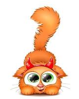 Cute red fluffy playful cartoon cat with red devil horns headband. vector