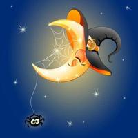 Cartoon shiny Halloween witch moon with spider and web on the night sky vector