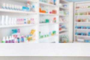 Pharmacy drugstore counter table with blur abstract backbround with medicine and healthcare product on shelves photo