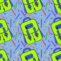 patrón transparente de vector con mochilas escolares colores brillantes. Suministros escolares. ideal para carteles infantiles, embalajes, textiles, diseño web, postales.