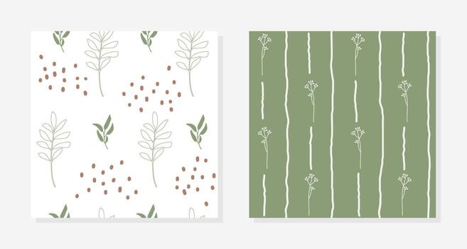 Set of two simple hand drawn seamless patterns with plants. Minimalist botanical background vector