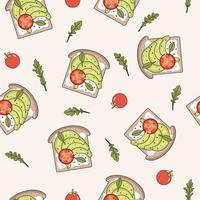 Avocado toast seamless pattern. Hand drawn vector illustration of healthy wholesome breakfast with green avocado toast and tomato