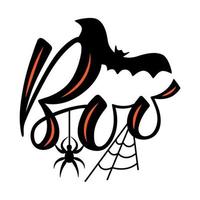 Boo hand drown lettering with spider, bat, web. Black color, silhouette. Vector isolated on white background.