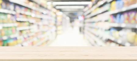 Wood table top with supermarket aisle blur background for product display photo