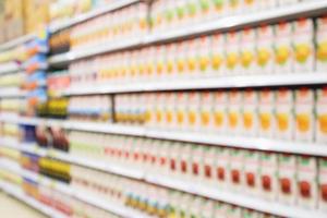 supermarket with fruit juice beverage in box product on shelves abstract blur background photo