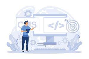 desarrollo de sitios web, diseño web. programación y codificación, desarrollo de php y mysql, ilustración de vector plano de desarrollo de cms