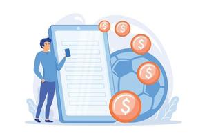Man with smartphone, gambler placing football bets. Mobile gambling addiction, sports betting application, soccer match results prediction. flat vector modern illustration