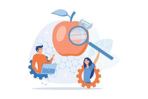 Scientists working with magnifier and apple DNA. Genetically modified foods, GM foods and genetically engineered foods concept on white background. flat vector modern illustration