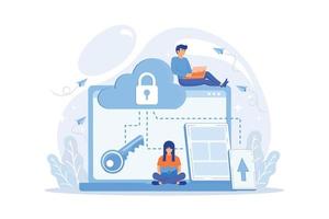 Architect and engineer working on technologies and controls to protect data and applications. Cloud computing and cloud information security concept. flat vector modern illustration