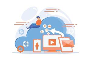 Digital devices and businessman with laptop on cloud using IaaS. Cloud based engine, infrastructure as a service, virtual machine on demand concept. flat vector modern illustration