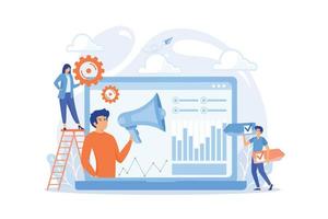 gente diminuta, comercializador con megáfono, análisis de datos de consumidores. marketing basado en datos, análisis del comportamiento del consumidor, concepto de tendencia de marketing digital. ilustración moderna de vector plano