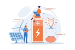 Scientists with lemon charging, solar pannels, wind turbines. Innovative battery technology, new battery creation, battery science project concept. flat vector modern illustration