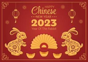 Chinese Lunar New Year 2023 Day of the Rabbit Zodiac Sign Template Hand Drawn Cartoon Flat Illustration with Flower, Lantern and Red Color Background vector