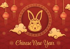 Chinese Lunar New Year 2023 Day of the Rabbit Zodiac Sign Template Hand Drawn Cartoon Flat Illustration with Flower, Lantern and Red Color Background vector