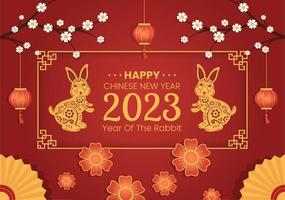 año nuevo lunar chino 2023 día del conejo plantilla de signo del zodiaco dibujado a mano ilustración plana de dibujos animados con flor, linterna y fondo de color rojo vector