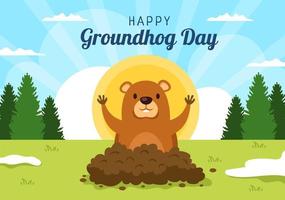 Happy Groundhog Day on February 2 with Cute Marmot Character and Garden Background Template Hand Drawn Cartoon Flat Illustration vector