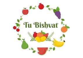 tu bishvat plantilla dibujado a mano dibujos animados ilustración plana árbol floreciente con objetos de siete especies de frutas sobre fondo blanco diseño vector