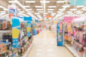 Abstract blur supermarket discount store aisle and product shelves interior defocused background photo