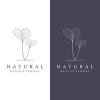 Natural botanical logo organic template vector design with leaves, flowers, stems. With minimalist outline, elegant.Suitable for beauty, badge,wedding and business.