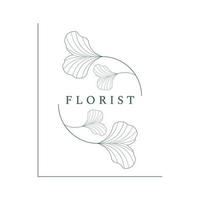 Natural botanical logo organic template vector design with leaves, flowers, stems. With minimalist outline, elegant.Suitable for beauty, badge,wedding and business.