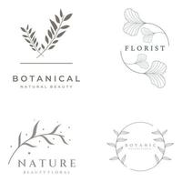 Natural botanical logo organic template vector design with leaves, flowers, stems. With minimalist outline, elegant.Suitable for beauty, badge,wedding and business.