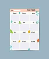 yearly planner with leaf, acorn and oak. Hand draw stamp vector illustration. Template for print, school and office.