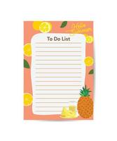 Summer to do list Cute page for notes Notebook diary school accessories. vector