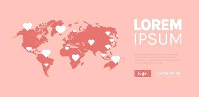 banner de feliz día de san valentín y mapa del mundo sobre el concepto de fondo rosa ilustración de vector plano horizontal.