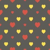 Seamless pattern in interesting red and yellow hearts on dark gray background for fabric, textile, clothes, blanket and other things. Vector image.