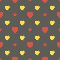 Seamless pattern in interesting red and yellow hearts on dark gray background for fabric, textile, clothes, blanket and other things. Vector image.