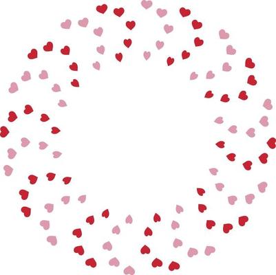 Round frame with creative red and pink hearts on white background. Vector image.