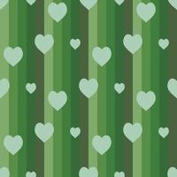 Seamless pattern with light green hearts on striped green background. Vector image.