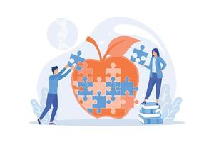 Scientists doing apple jigsaw puzzle. Genetically modified organism and engineered organism, molecular engineering concept on white background. flat vector modern illustration