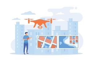 Drone, quadcopter operator, pilot making photos. UAV with camera. Aerial photography, air survey services, drone photo of your event concept. flat vector modern illustration