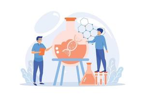 Scientists in lab working with huge DNA chain in the glass bulb. Gene therapy, gene transfer and functioning gene concept on white background.flat vector modern illustration