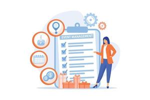 Manager with checklist creating event plan and development. Event management and planning service, how to plan an event, planning software concept. flat vector modern illustration