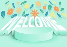 Papercut welcom podium and floral background Digital craft style paper, posters, vector 017