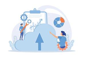 desarrollador que trabaja en una computadora portátil con datos en la nube. aplicaciones informáticas, desarrollo de sistemas en la nube, recursos en la nube que resuelven el concepto de problemas comerciales. vector