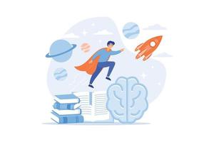Open book, brain and user flying in space among planets. Imagination and vision, creative thinking, ideas and fantasy, motivation and inspiration concept. flat vector modern illustration