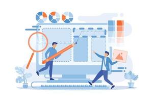 Designers are working on the desing of web page. Web design, User Interface UI and User Experience UX content organization. Web design development concept.flat vector modern illustration