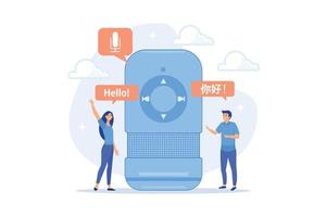 Voice assistant translating into foreign languages. Voice activated digital assistants, smart speaker language support, internet of things concept. flat vector modern illustration