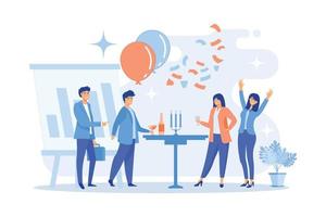 Happy tiny business people dancing, having fun and drinking wine. Corporate party, team building activity, corporate event idea concept.flat vector modern illustration