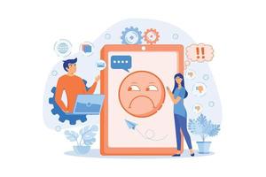 Internet troll quarreling and upsetting user online and tablet with troll face. Internet trolling, digital harassment, internet behaviour concept. flat vector modern illustration