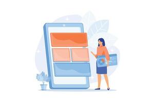 optimización de software móvil, ui, desarrollo ux. diseño de interfaz de aplicación de teléfono inteligente. devops, mujer creando aplicación para gadget moderno. ilustración moderna de vector plano