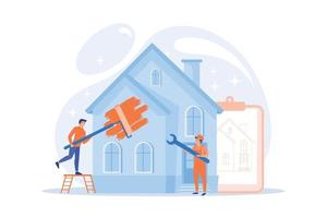 Workers with paintbrush and wrench improving the house. House renovation, property renovation, house remodeling and onstruction services concept. flat vector modern illustration